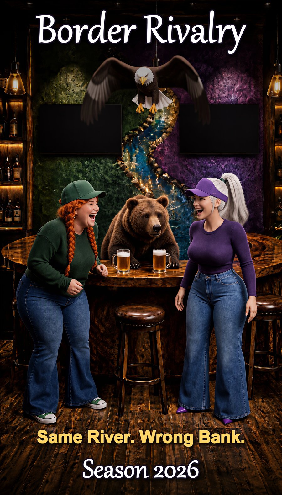 Border Rivalry poster: the two friends laughing at the bar while a brown bear sits between them with two beers and an eagle swoops overhead