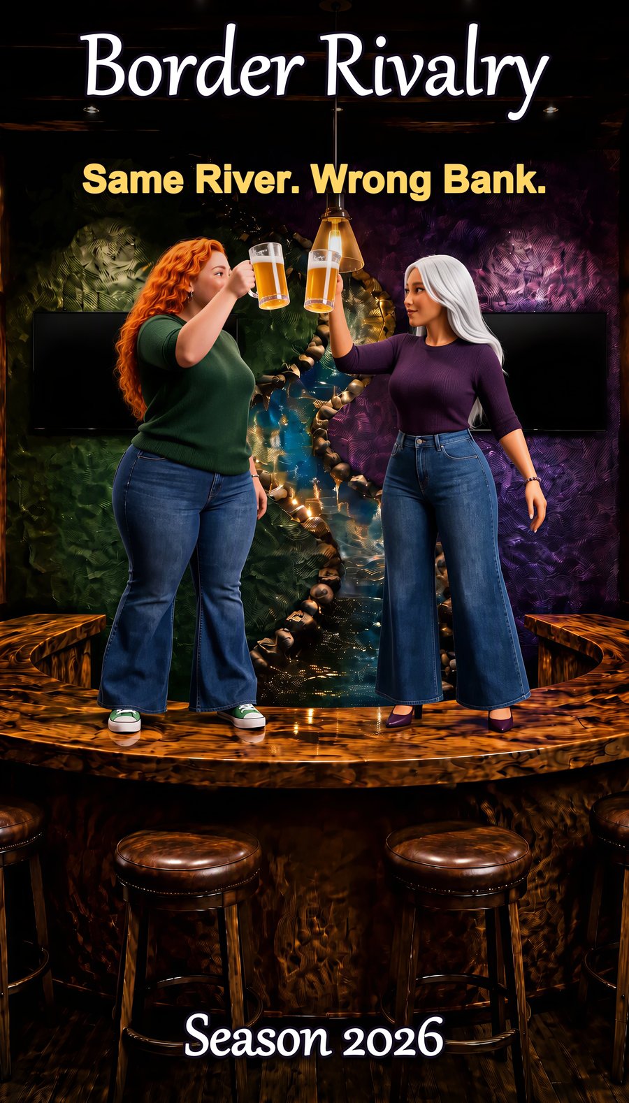Border Rivalry poster: two best friends clinking beer mugs on a bar top. Lettering reads Border Rivalry, Same River. Wrong Bank., Season 2026.