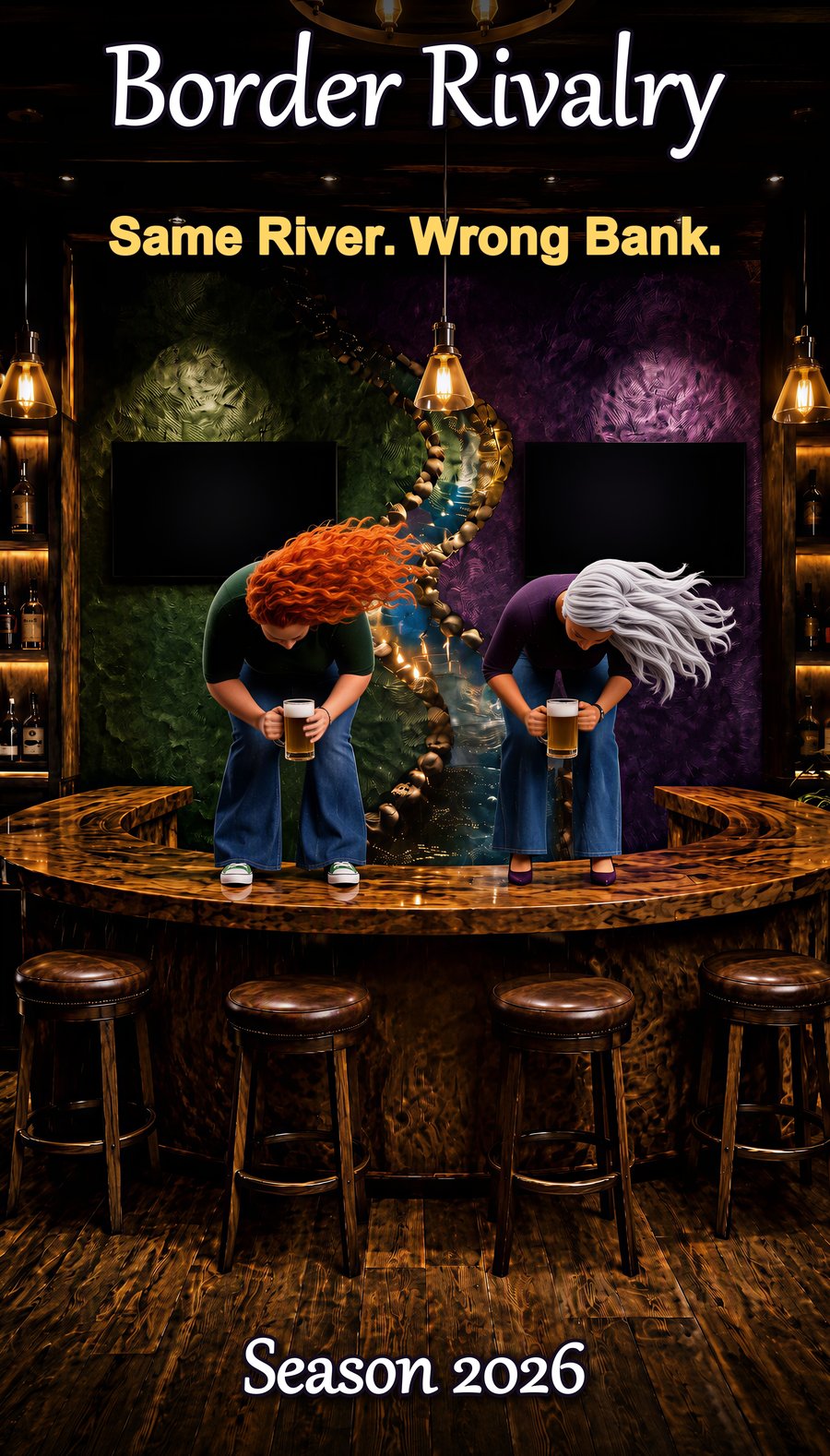 Poster: both friends bowing forward on the bar top, hair flying, each holding a beer mug.