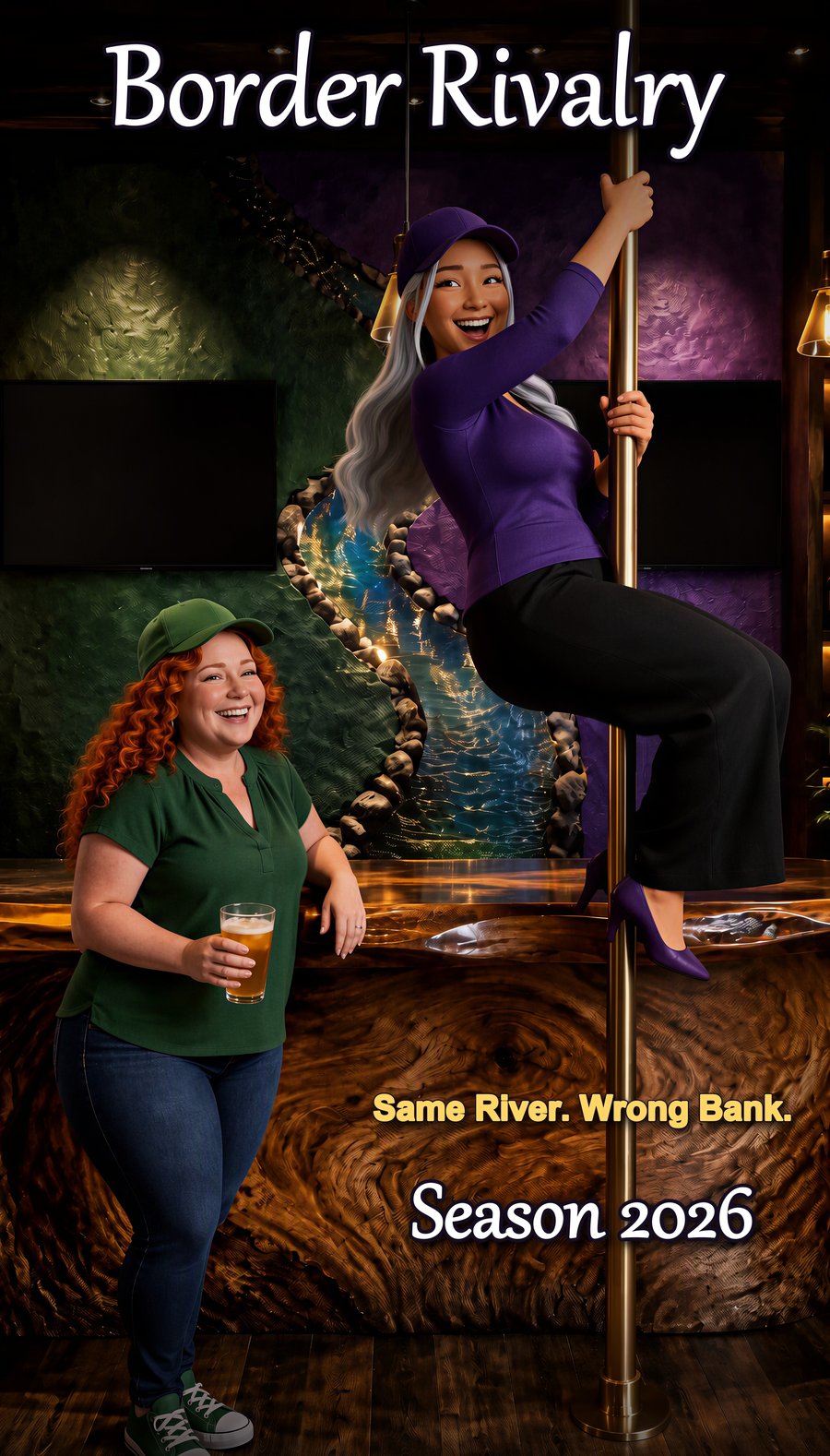 Poster: Nama in purple swinging around the bar's brass pole while Judy laughs with a beer at the bar.