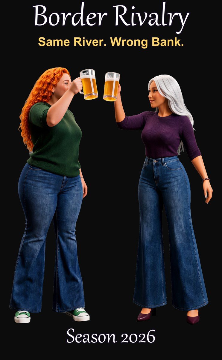 The Border Rivalry tee design on black: two best friends clinking beer mugs, with lettering Border Rivalry, Same River. Wrong Bank., Season 2026