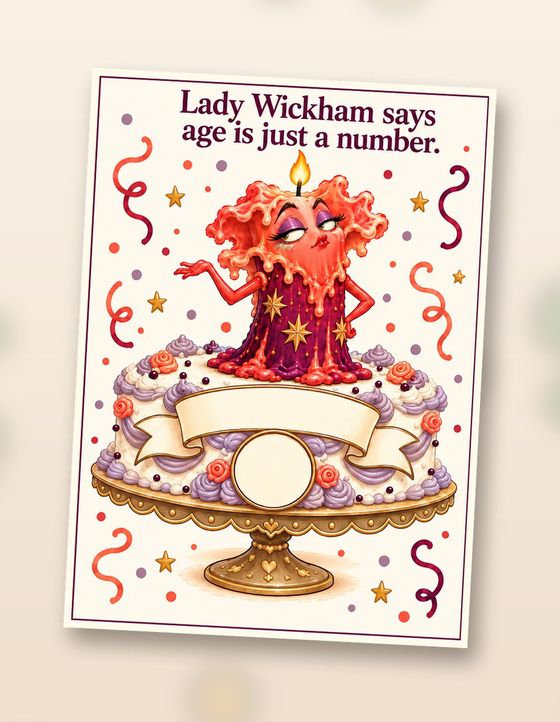 Blank birthday card front: Lady Wickham says age is just a number. The cake banner and circle are empty to write in.