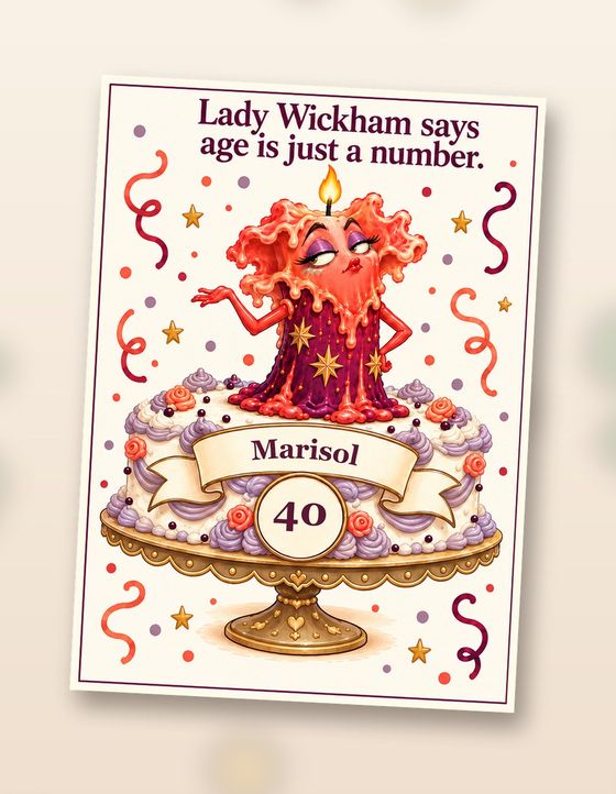 Personalised birthday card front: Lady Wickham says age is just a number. Sample with Marisol, 40 printed on the cake.
