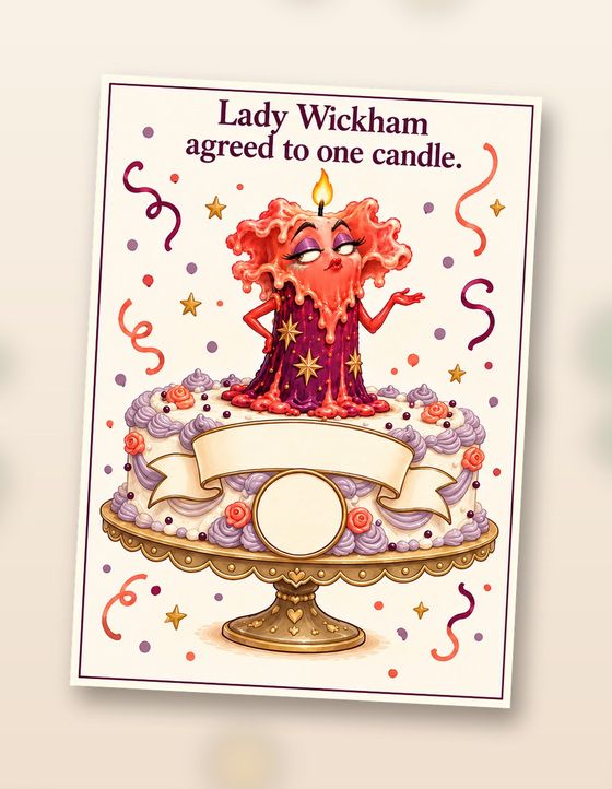 Blank birthday card front: Lady Wickham agreed to one candle. The cake banner and circle are empty to write in.