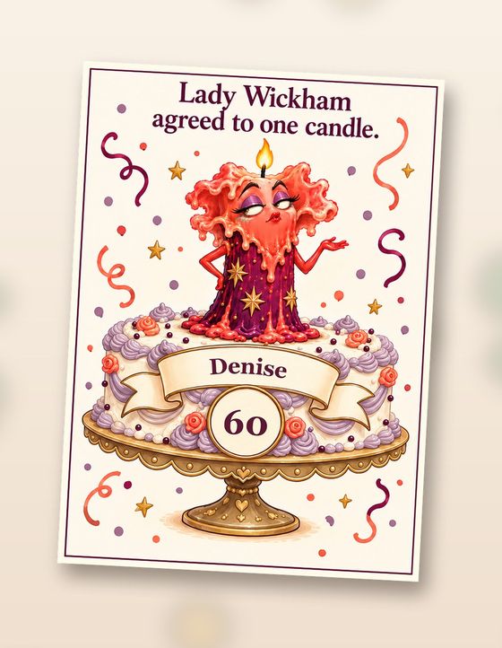 Personalised birthday card front: Lady Wickham agreed to one candle. Sample with Denise, 60 printed on the cake.