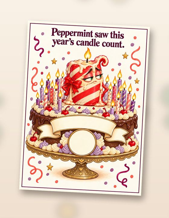 Blank birthday card front: Peppermint saw this year’s candle count. The cake banner and circle are empty to write in.