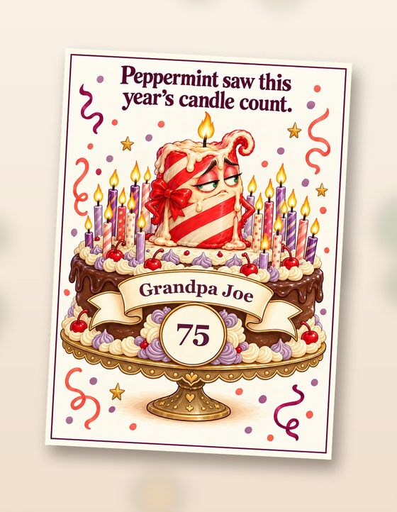 Personalised birthday card front: Peppermint saw this year’s candle count. Sample with Grandpa Joe, 75 printed on the cake.