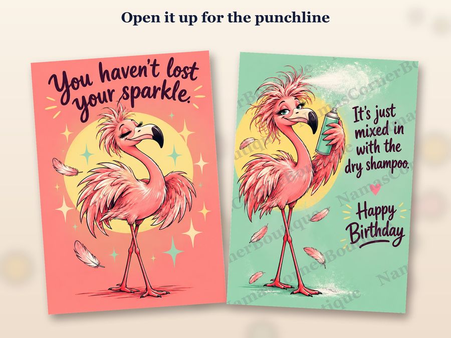 The flamingo card opened up, inside covered by a watermark