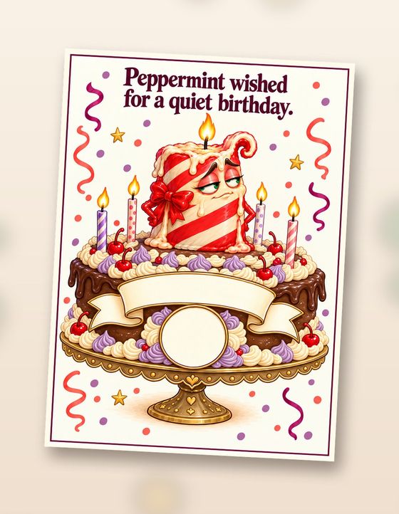 Blank birthday card front: Peppermint wished for a quiet birthday. The cake banner and circle are empty to write in.