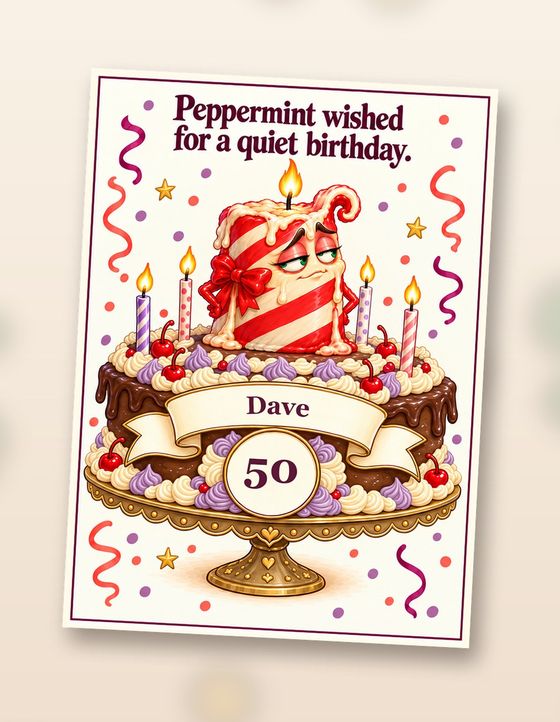 Personalised birthday card front: Peppermint wished for a quiet birthday. Sample with Dave, 50 printed on the cake.