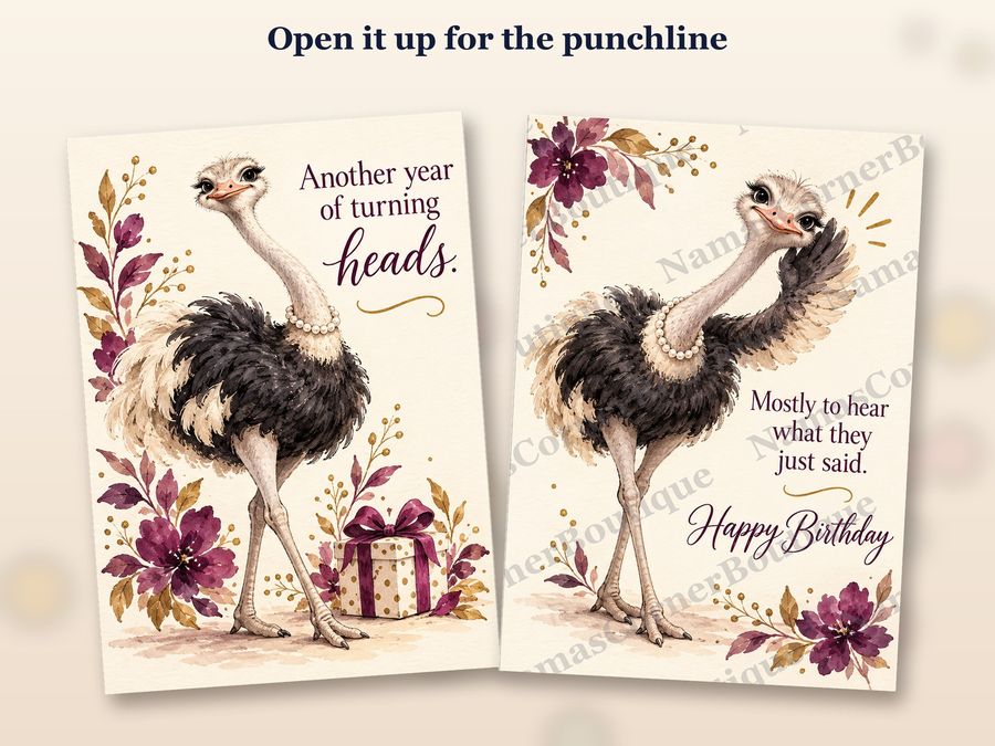 The ostrich card opened up, inside covered by a watermark