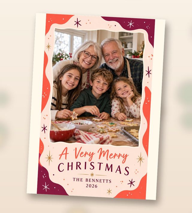 A Very Merry Christmas card, a sample: One photo, with coral and burgundy waves and gold stars.