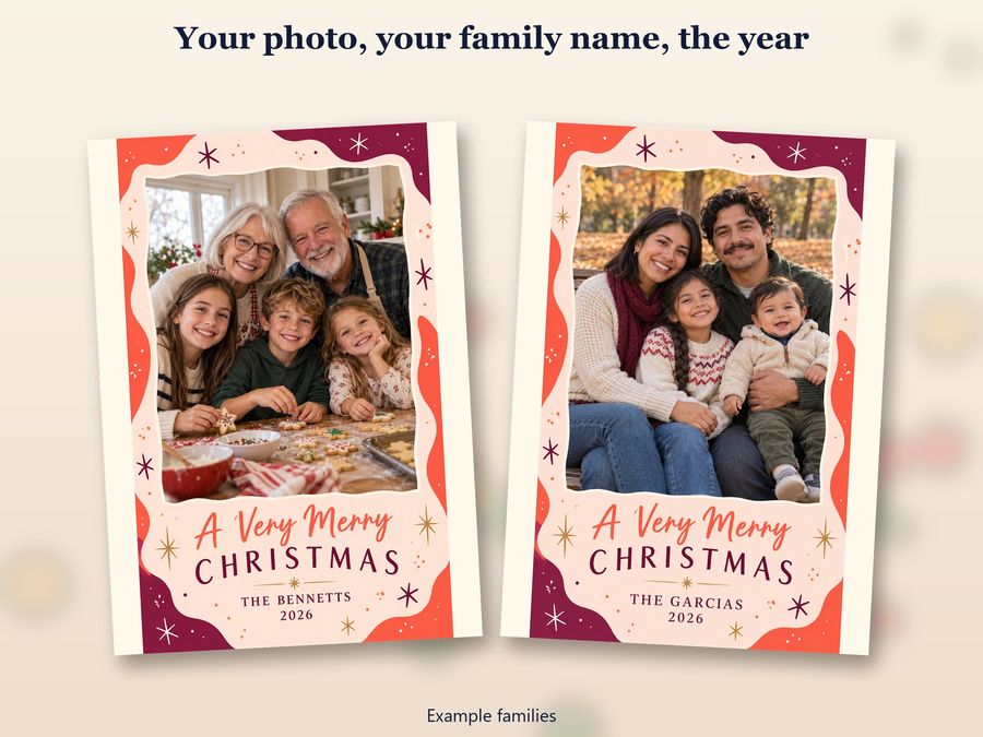 Two copies of the A Very Merry Christmas card, each made with a different example family's photo and name