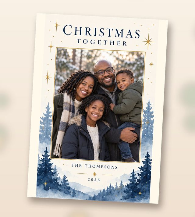 Christmas Together card, a sample: One photo, with watercolor pine trees and gold stars.