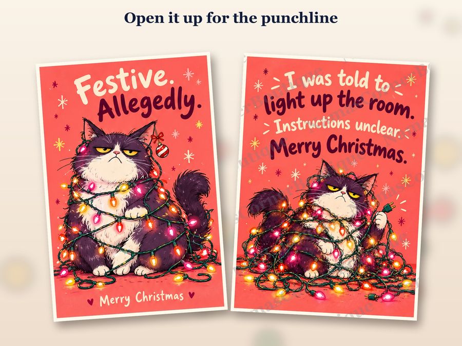 The cat in the lights card opened up, inside covered by a watermark