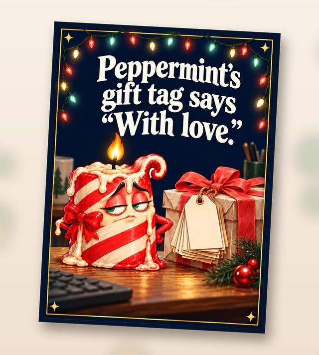 Card front: Peppermint’s gift tag says “With love.”