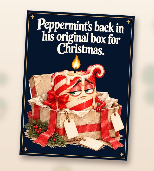 Card front: Peppermint’s back in his original box for Christmas.