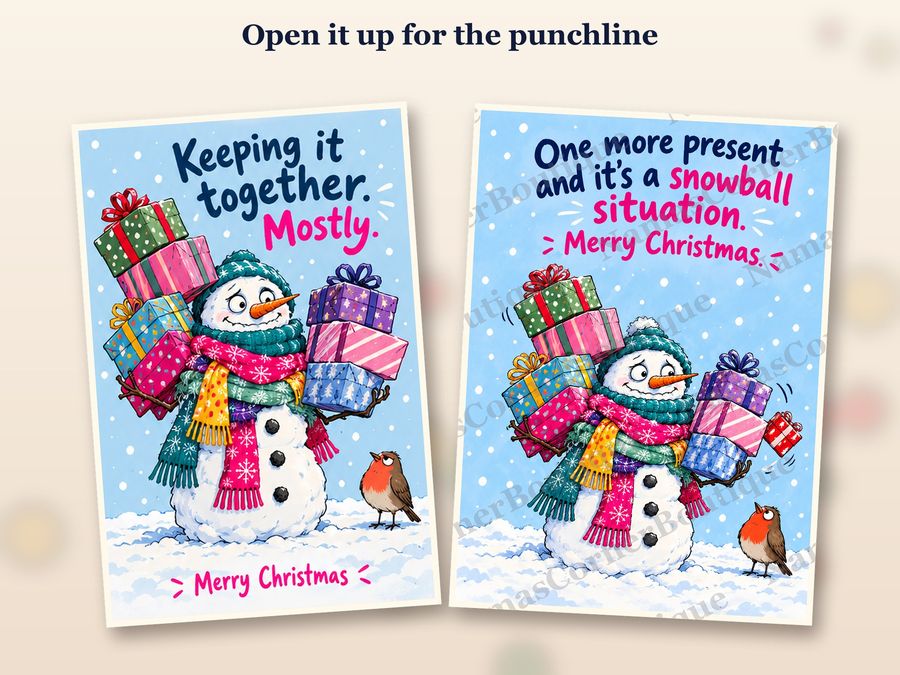 The snowman with presents card opened up, inside covered by a watermark