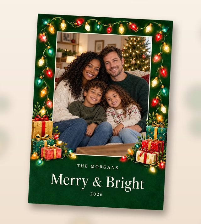 Merry and Bright card, a sample: One photo, framed in Christmas lights and presents.