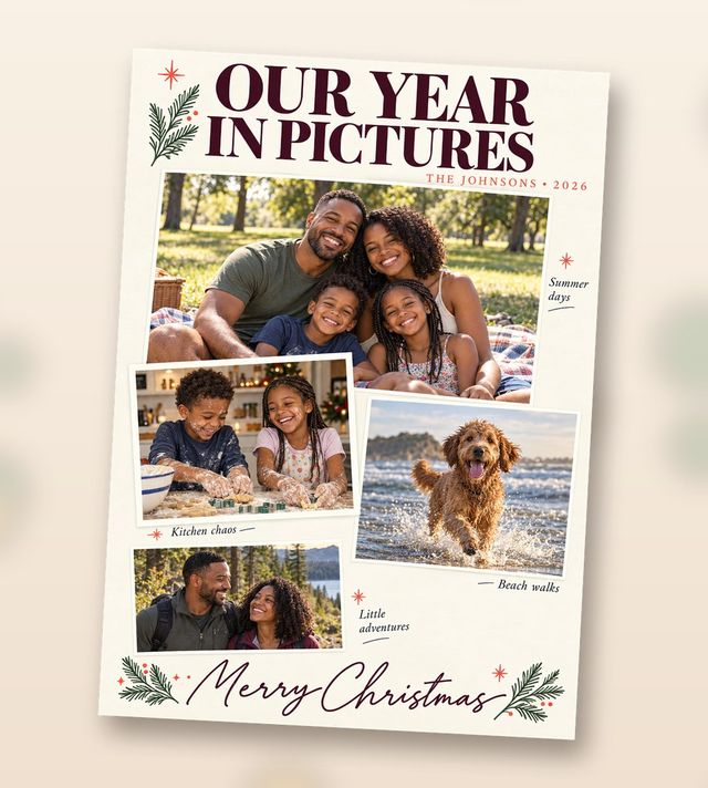 Our Year in Pictures card, a sample: Four photos, scrapbook style, for the whole year.