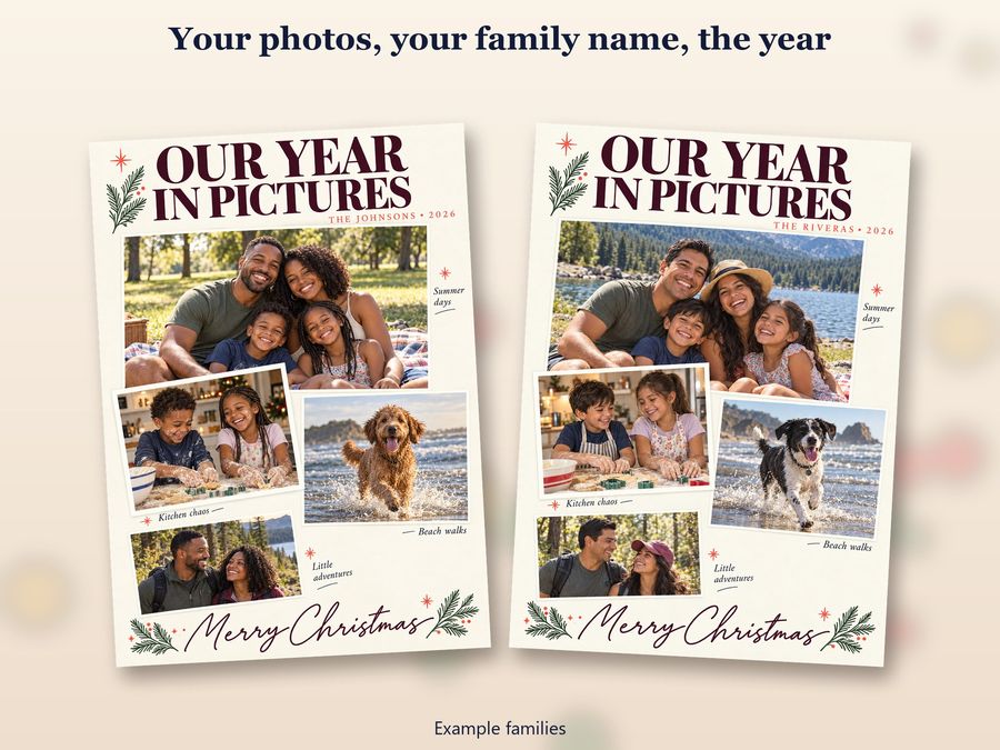 Two copies of the Our Year in Pictures card, each made with a different example family's photo and name