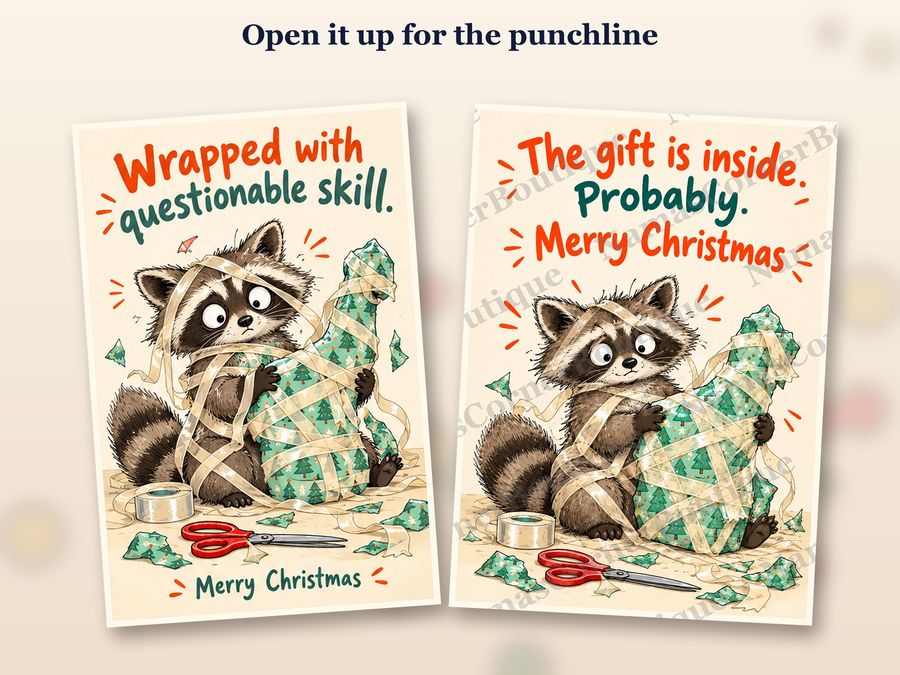 The raccoon who wrapped it card opened up, inside covered by a watermark