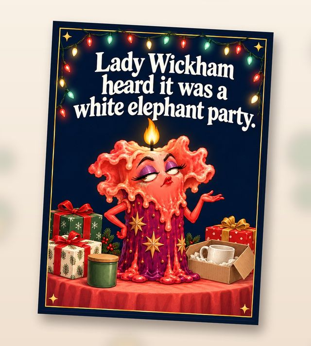 Card front: Lady Wickham heard it was a white elephant party.
