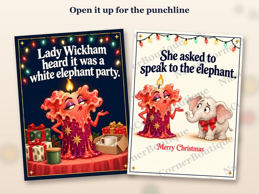 The White Elephant Party card opened up, inside covered by a watermark