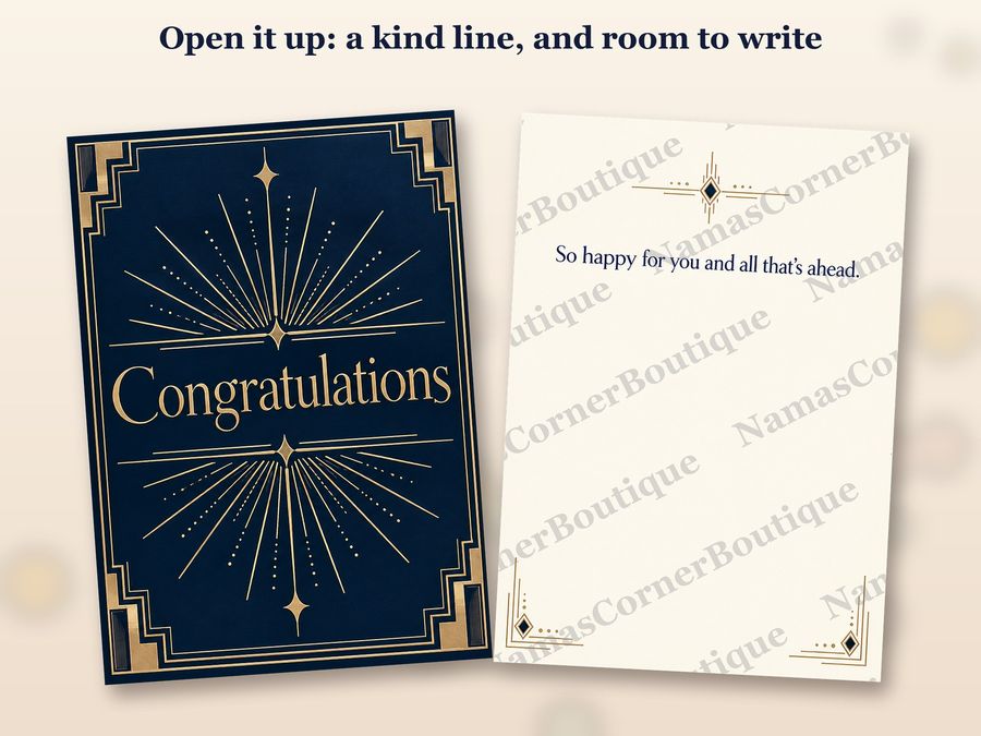 The Navy and gold Art Deco card opened up, inside covered by a watermark