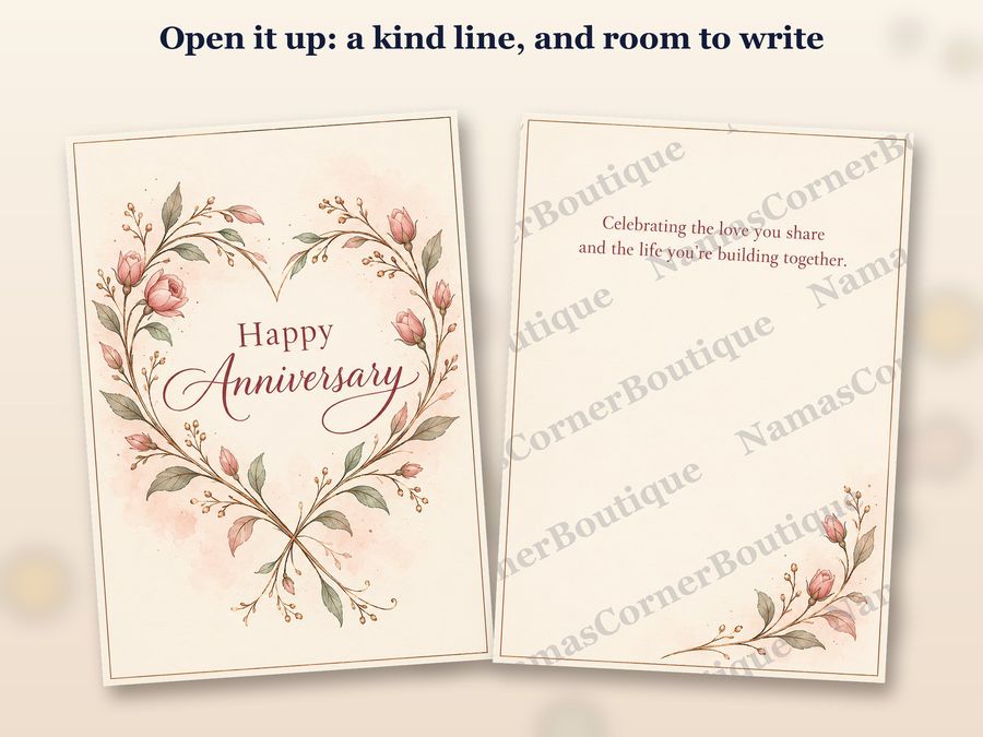 The Rose heart wreath card opened up, inside covered by a watermark