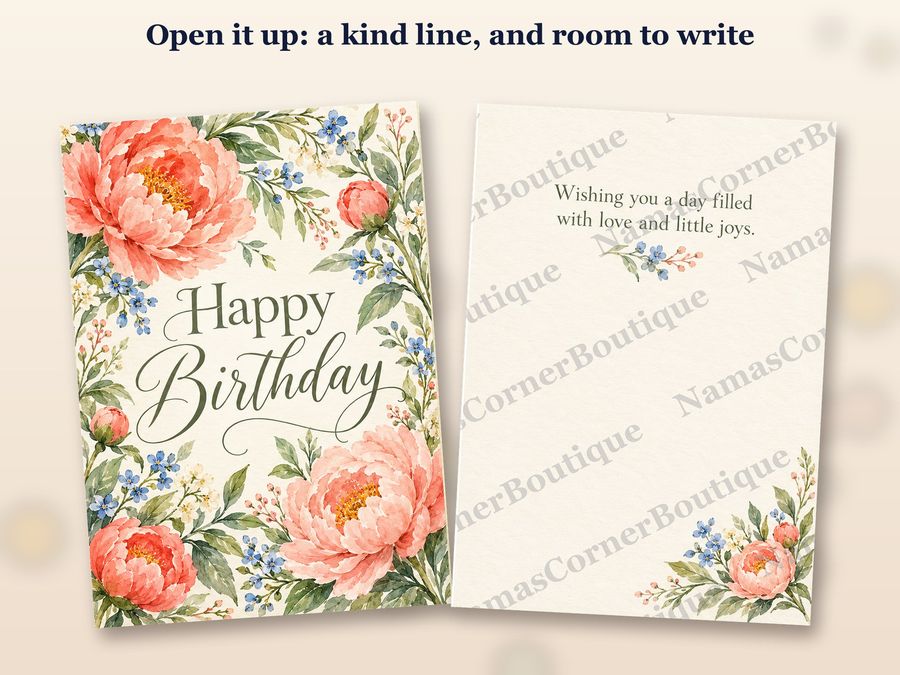 The Peony floral card opened up, inside covered by a watermark