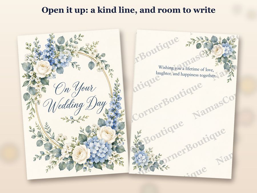 The Hydrangea and rose card opened up, inside covered by a watermark