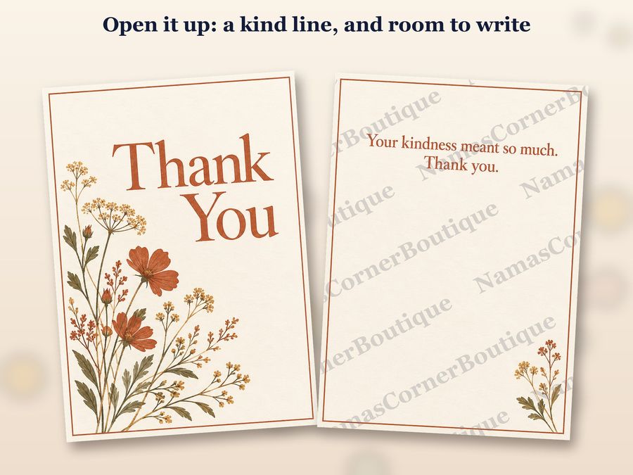 The Pressed wildflowers card opened up, inside covered by a watermark