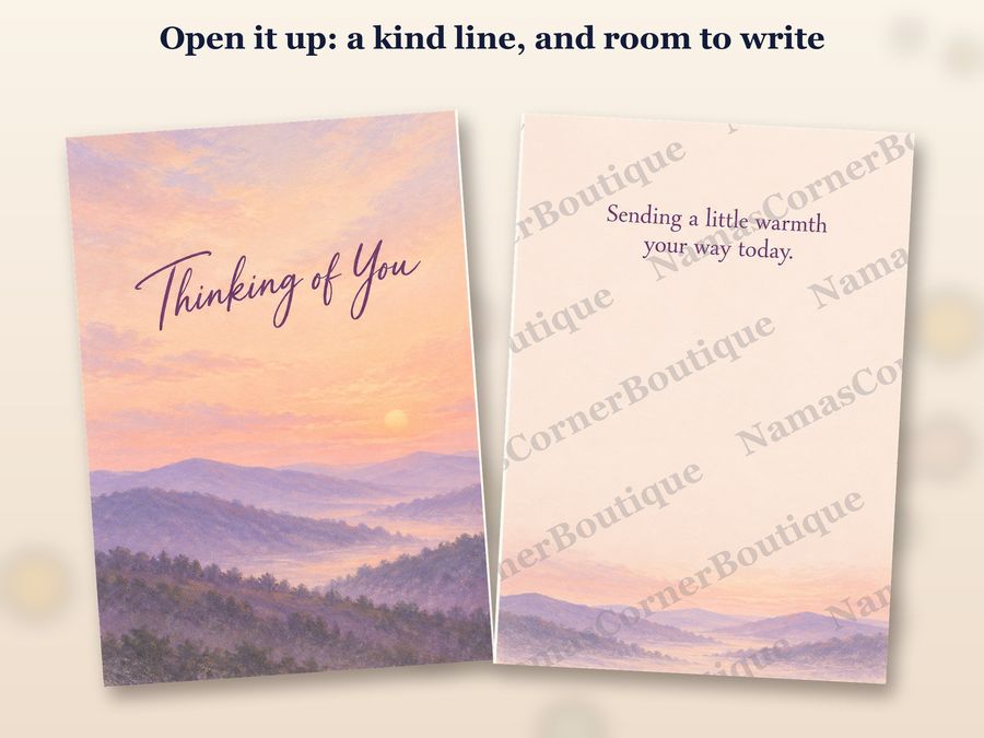 The Sunset mountains card opened up, inside covered by a watermark