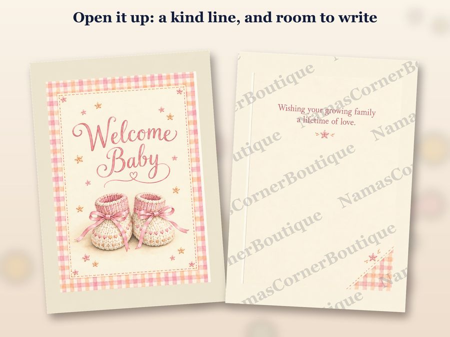 The Knitted booties, pink card opened up, inside covered by a watermark