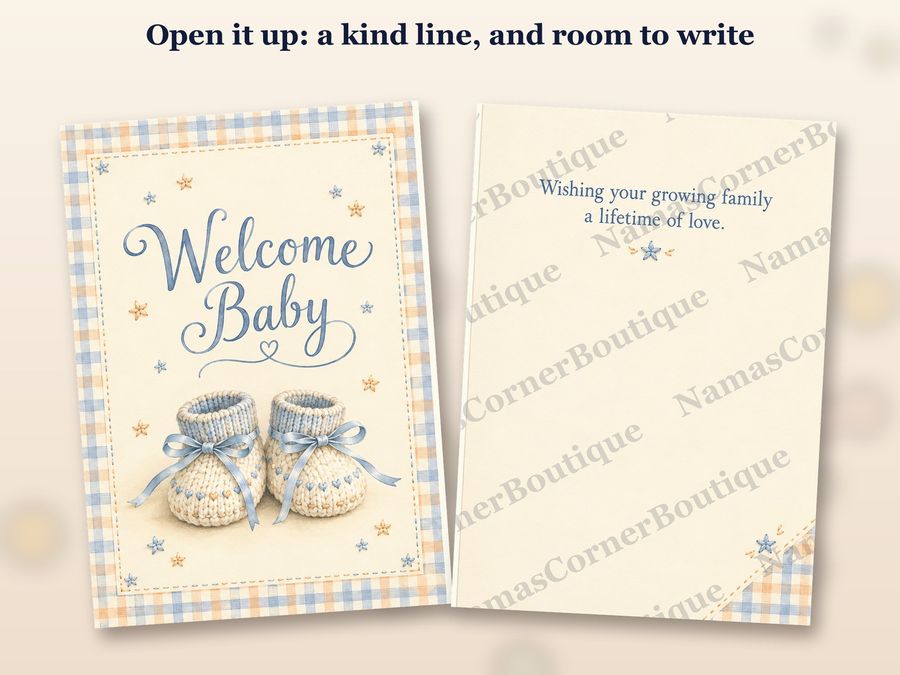 The Knitted booties, blue card opened up, inside covered by a watermark