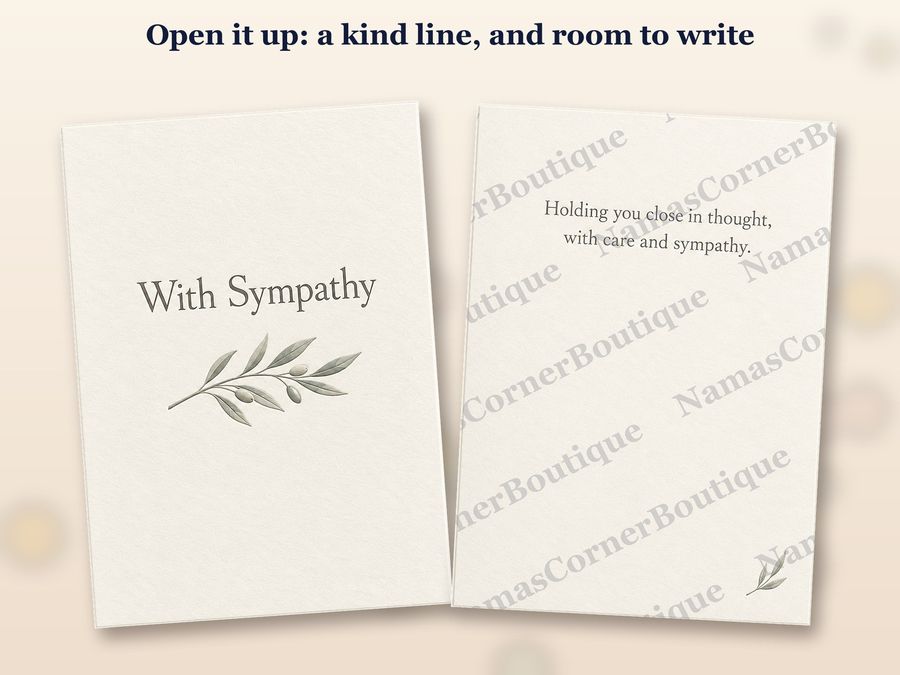 The Olive branch card opened up, inside covered by a watermark