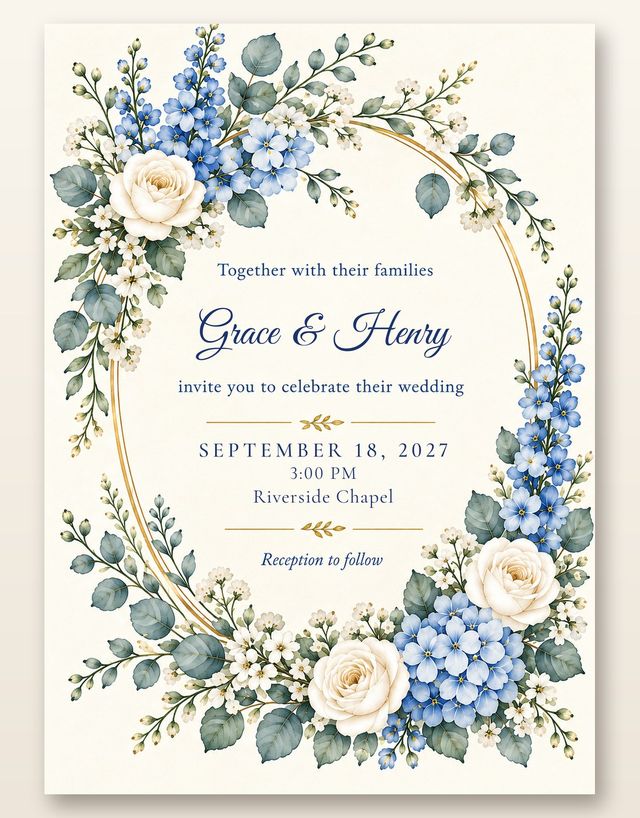 Something Blue card, the invitation: Blue and white watercolor flowers with a gold wreath.