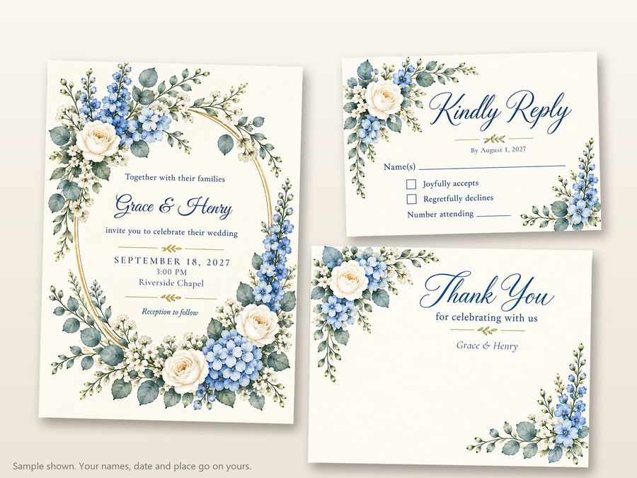 The Something Blue set: invitation, RSVP card and thank-you note, with made-up sample names