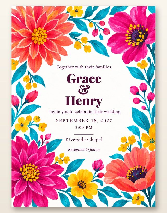Bright Blooms card, the invitation: Coral, fuchsia, marigold and turquoise flowers.