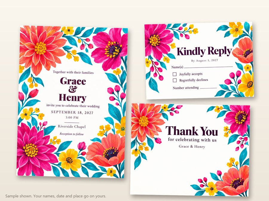The Bright Blooms set: invitation, RSVP card and thank-you note, with made-up sample names