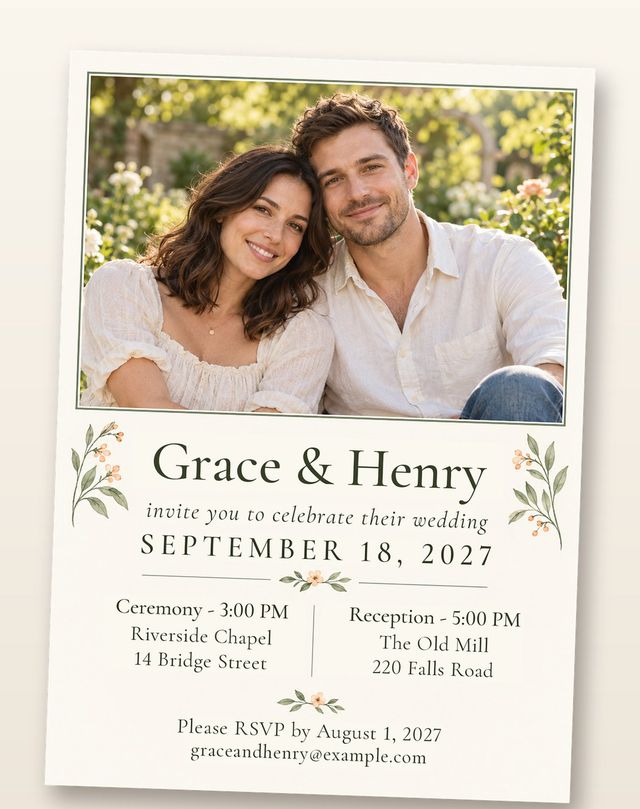 Garden card, the invitation: Your photo above your names, with soft greenery.