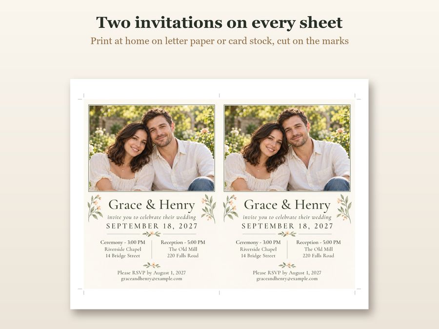 The Garden invitation printed two to a sheet, with the made-up sample couple