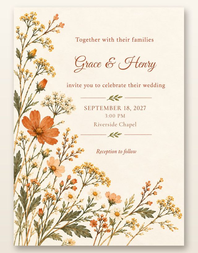 Sunlit Meadow card, the invitation: Terracotta wildflowers on cream.