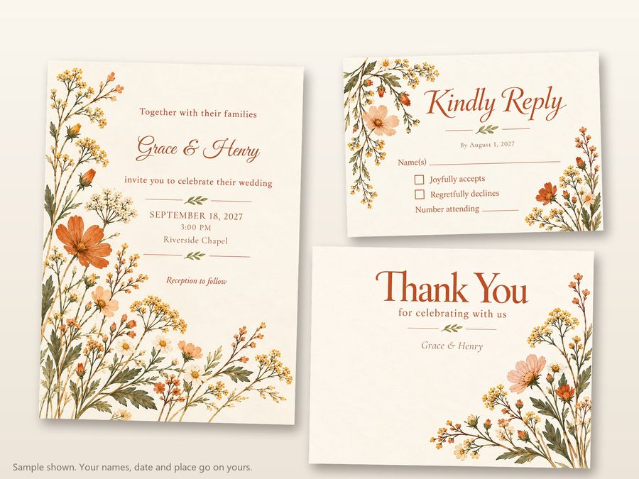 The Sunlit Meadow set: invitation, RSVP card and thank-you note, with made-up sample names