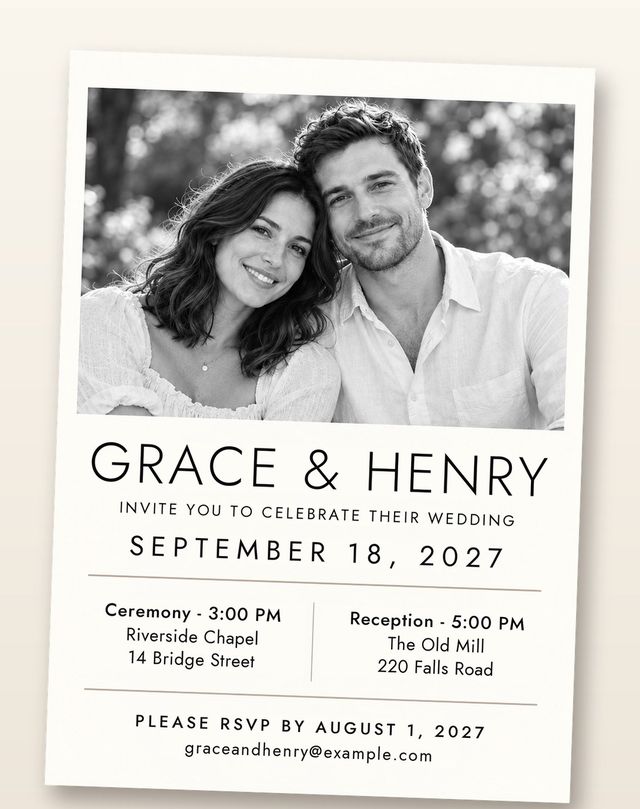 Modern card, the invitation: Your photo in black and white, with clean modern lettering.