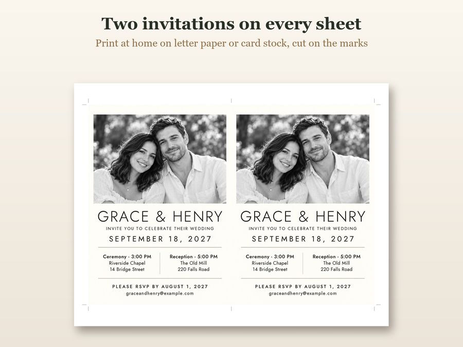 The Modern invitation printed two to a sheet, with the made-up sample couple