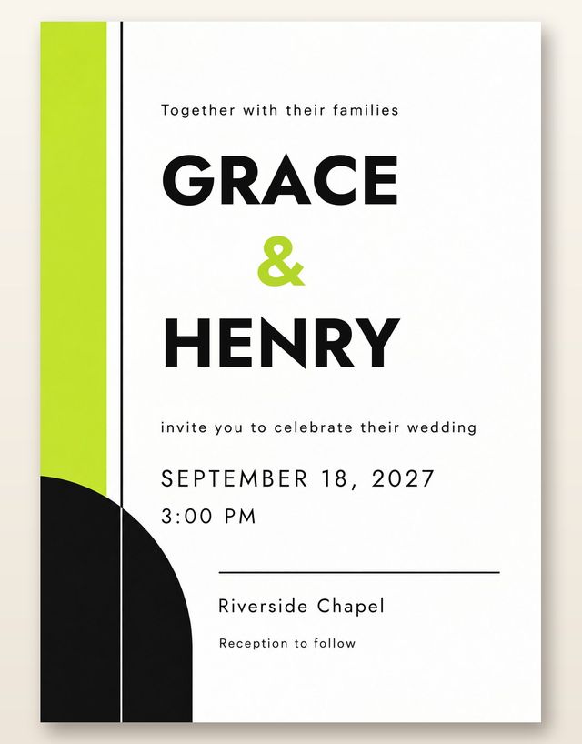 Modern Type card, the invitation: Bold black capitals with a touch of lime green.