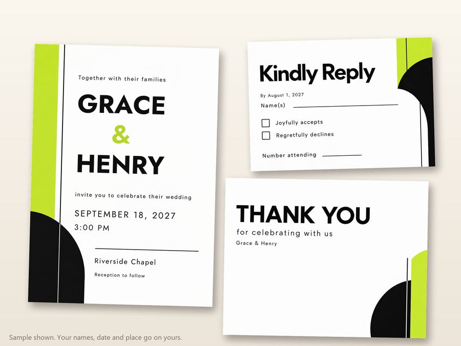 The Modern Type set: invitation, RSVP card and thank-you note, with made-up sample names