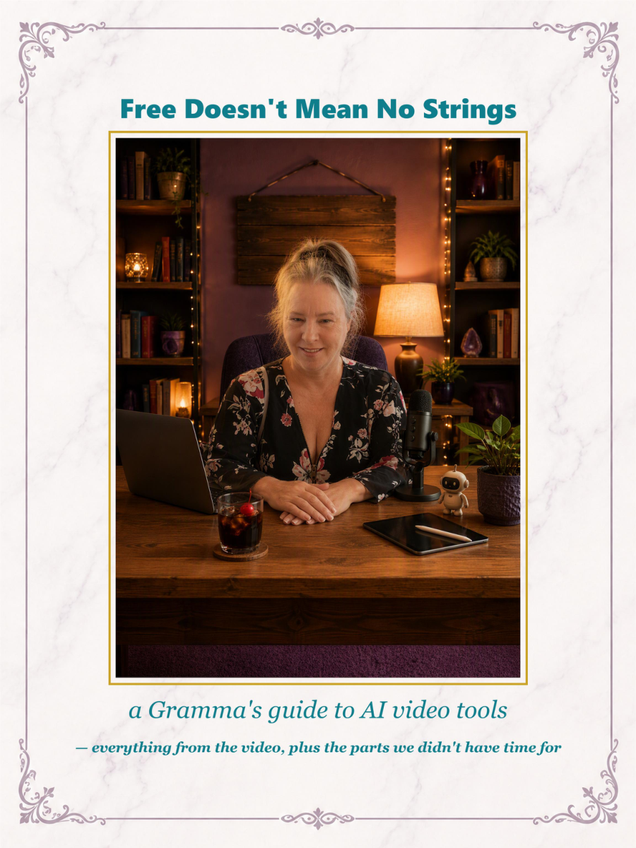The cover of Free Doesn't Mean No Strings — cartoon Nama at her desk with her laptop, microphone and a cherry cola, teal lettering on a marble background